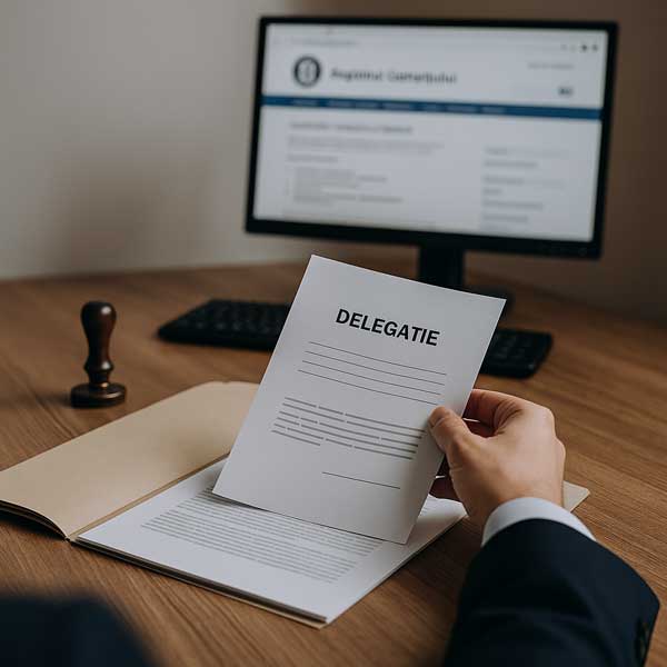 Persoana tine in mana o delegatie pentru Registrul Comertului, cu monitor ONRC in fundal
