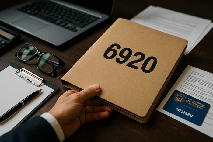 Dosar maro etichetat „6920” pe birou de birou modern, alături de laptop, ochelari și acte contabile
